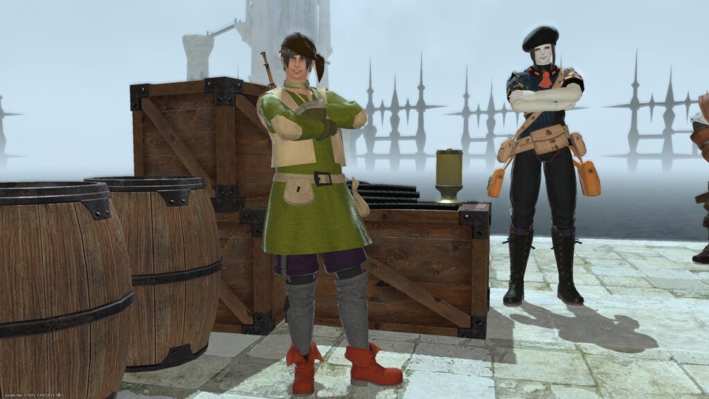 店売りのダサいギャザラー装備を身につけてドヤ顔のサブキャラの様子